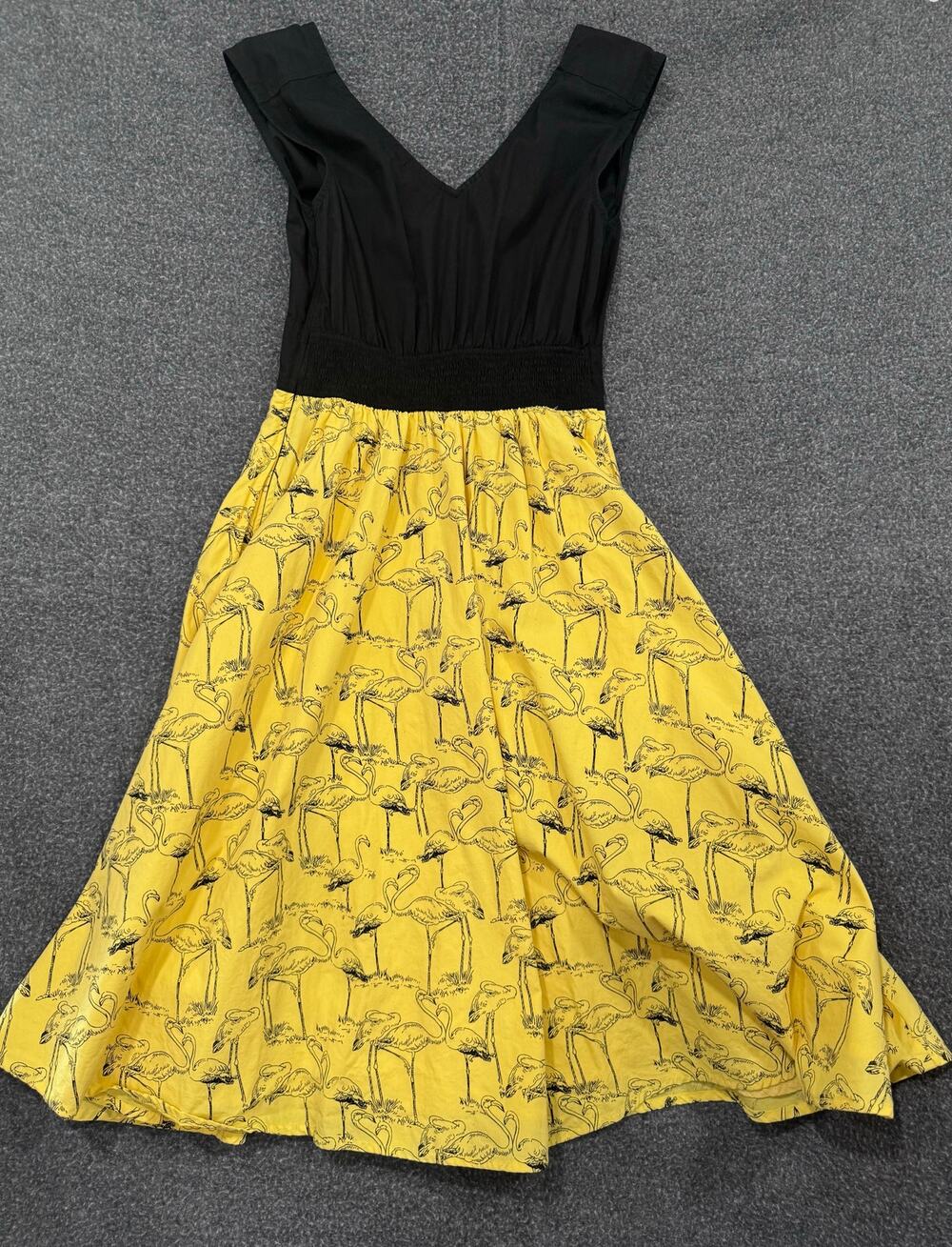 eShakti Black & Yellow Flamingo Print Pin Up Dress Small 6 V-Neck Sleeveless